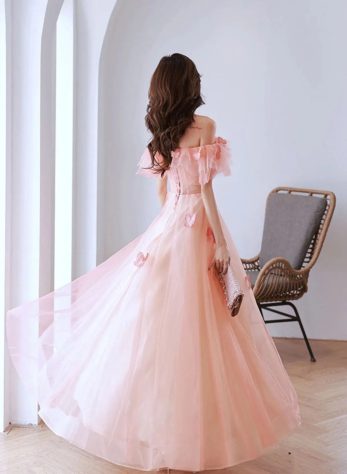 A-line Pink Tulle Cute Beaded Long Evening Dress, Pink Tulle Prom Dress