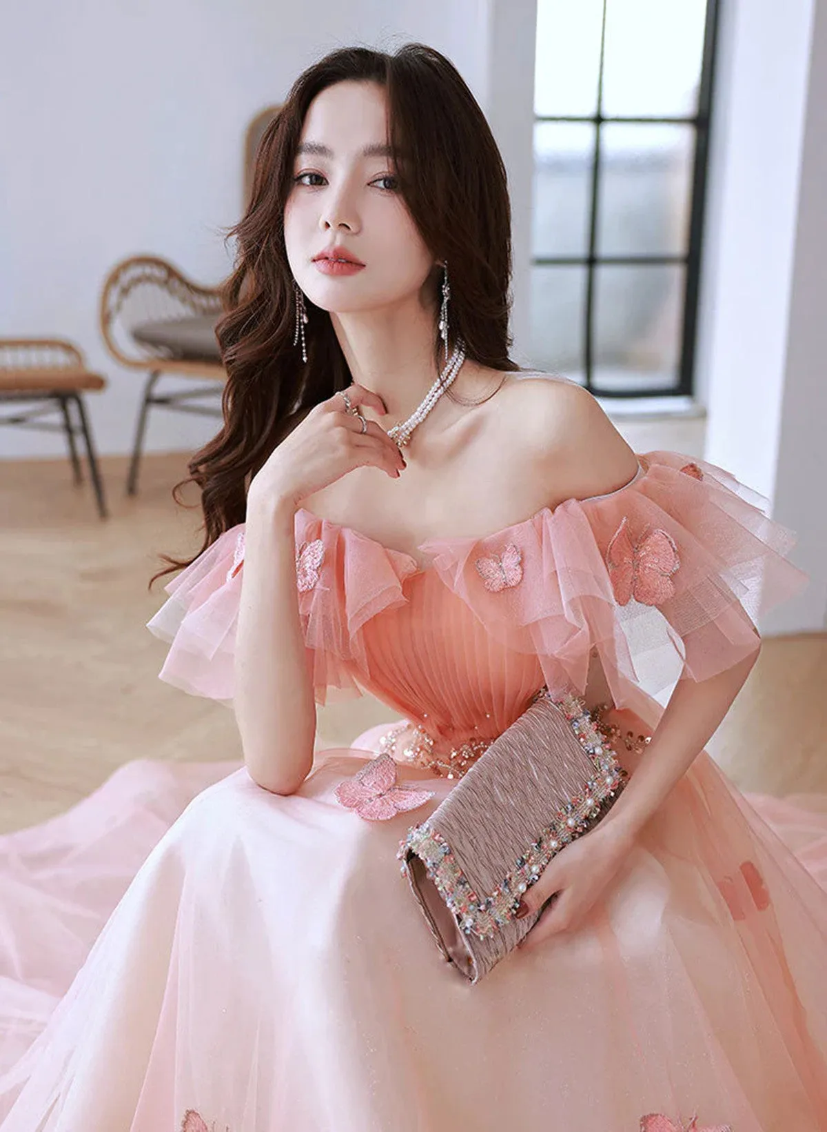 A-line Pink Tulle Cute Beaded Long Evening Dress, Pink Tulle Prom Dress