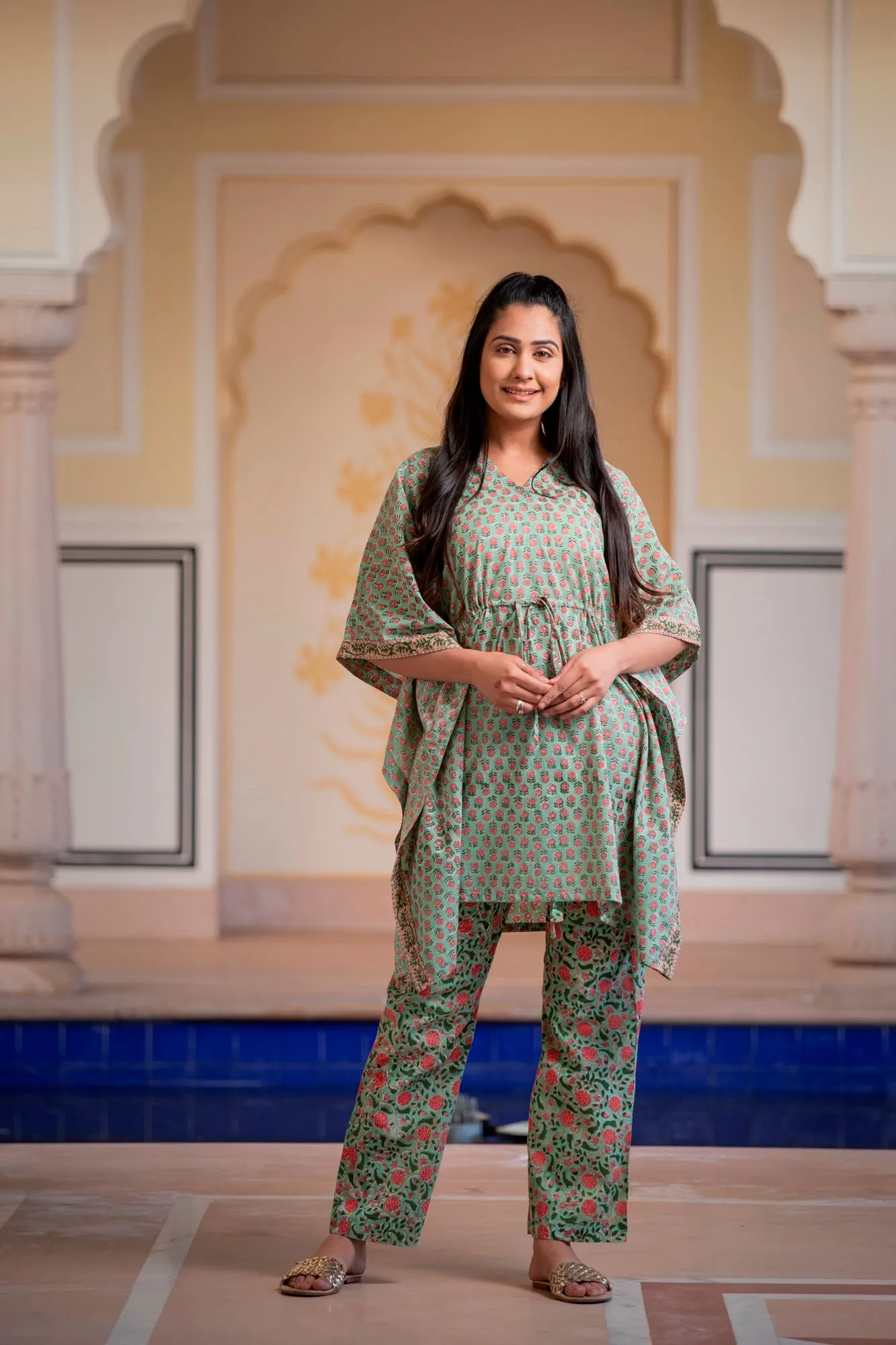 A Natural Tint Of Green Handblock Printed Cotton Kaftan Tunic With Pants (Set of 2)