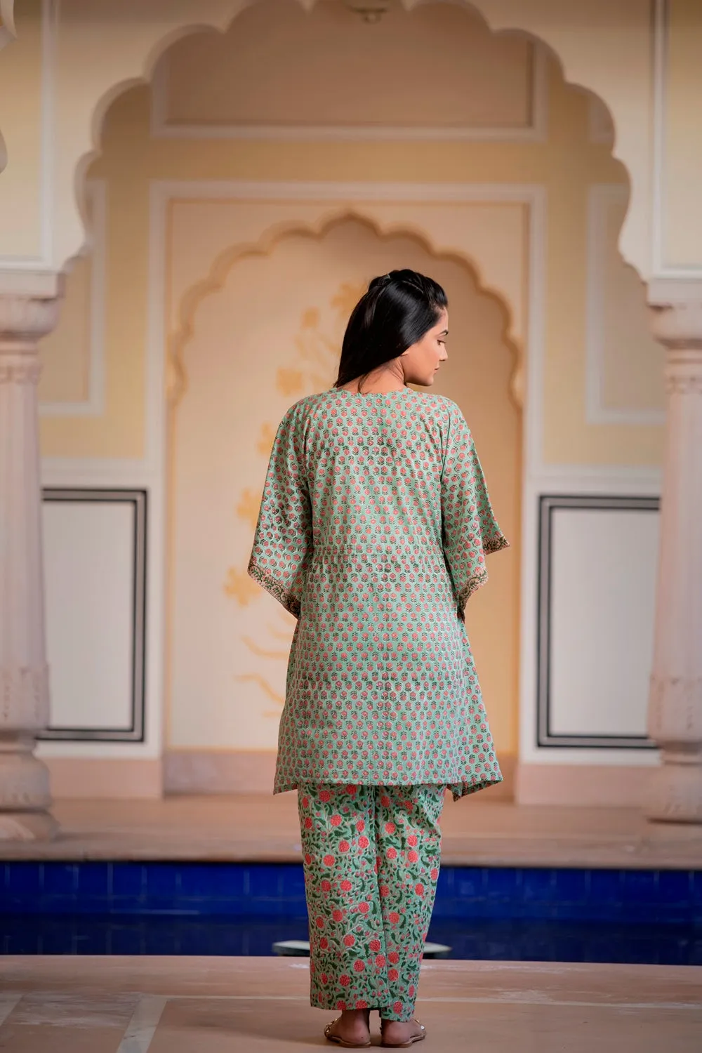 A Natural Tint Of Green Handblock Printed Cotton Kaftan Tunic With Pants (Set of 2)