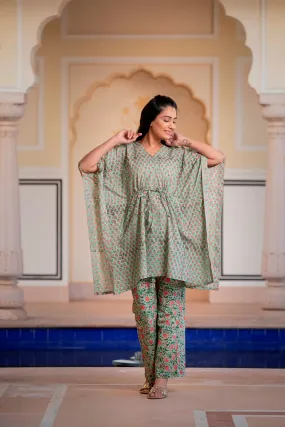 A Natural Tint Of Green Handblock Printed Cotton Kaftan Tunic With Pants (Set of 2)
