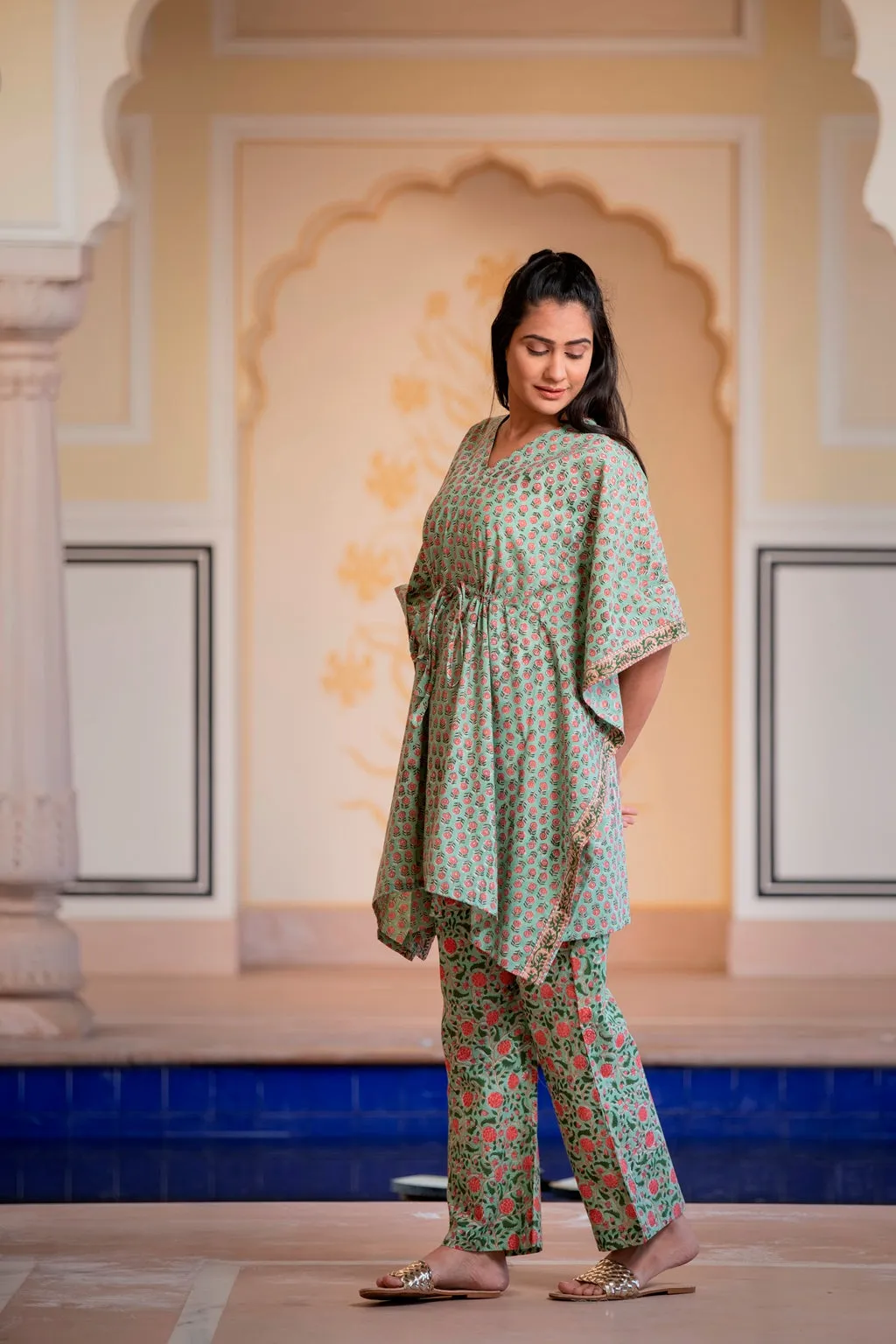 A Natural Tint Of Green Handblock Printed Cotton Kaftan Tunic With Pants (Set of 2)