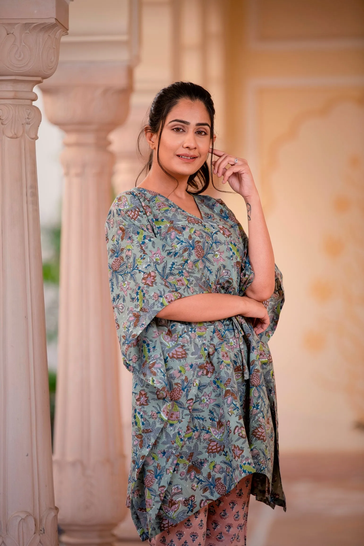 An Intrinsic Yellow Blossom Handblock Printed Cotton Kaftan Tunic With Pants (Set of 2)