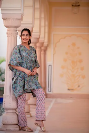 An Intrinsic Yellow Blossom Handblock Printed Cotton Kaftan Tunic With Pants (Set of 2)