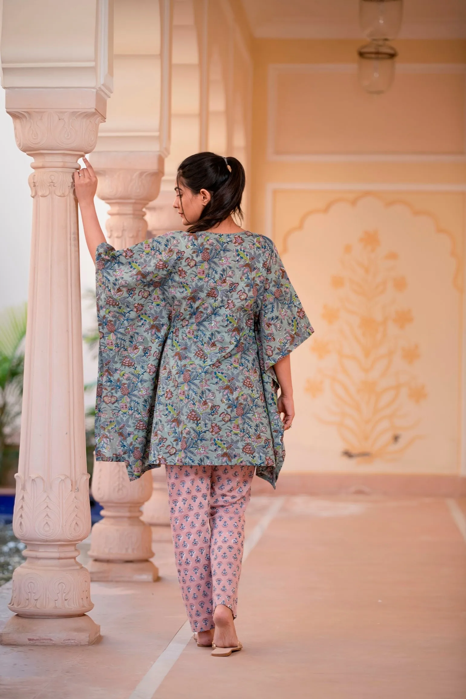 An Intrinsic Yellow Blossom Handblock Printed Cotton Kaftan Tunic With Pants (Set of 2)
