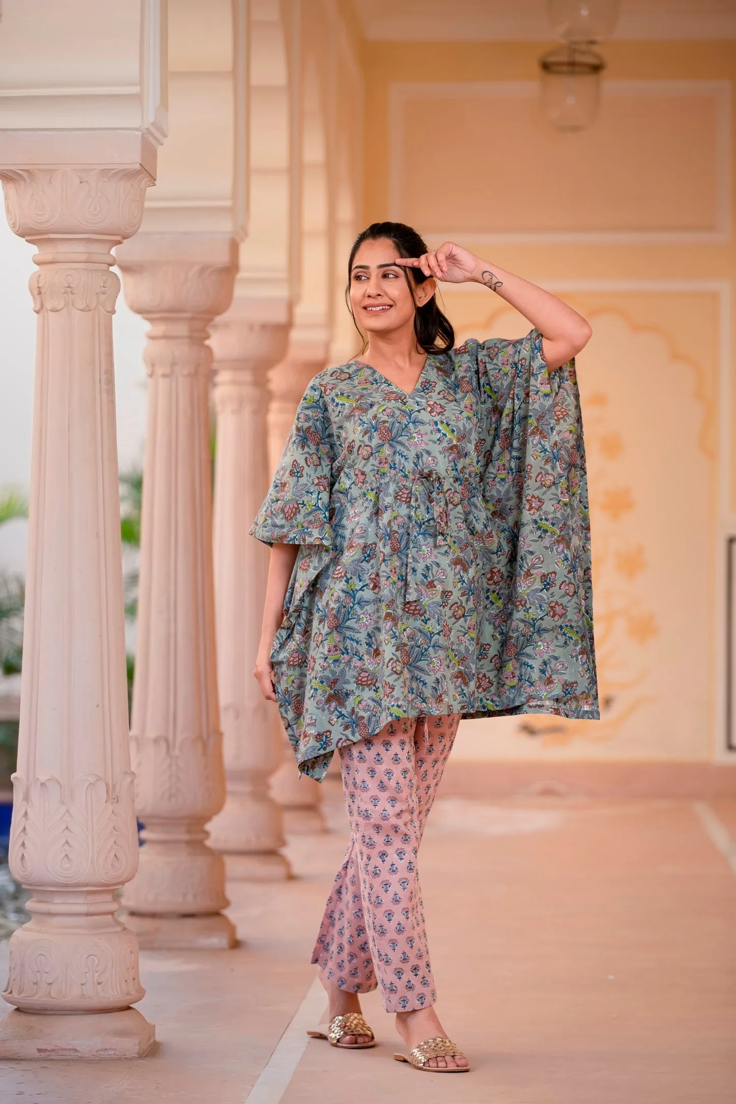 An Intrinsic Yellow Blossom Handblock Printed Cotton Kaftan Tunic With Pants (Set of 2)