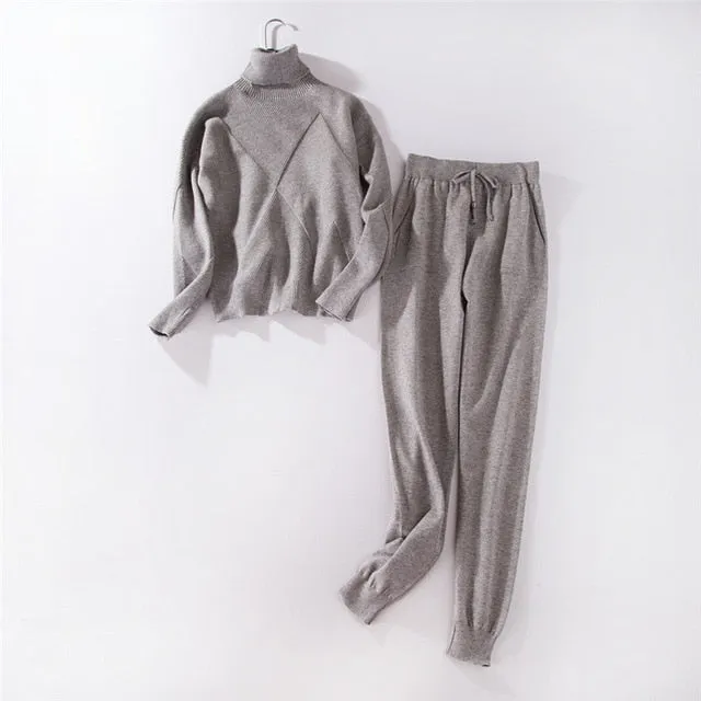 Autumn Winter Women Knitted Set 2019 Casual Knitted Tracksuit Turtleneck Sweater   Winter Pants Women Sweatshirts 2 Piece Suit