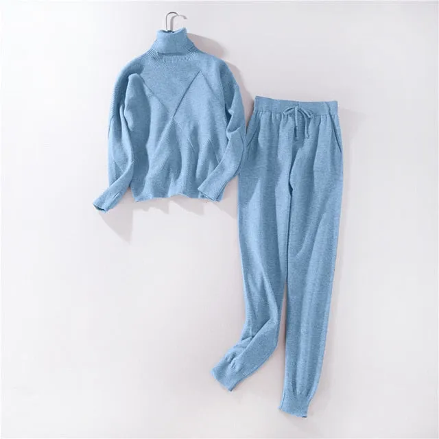 Autumn Winter Women Knitted Set 2019 Casual Knitted Tracksuit Turtleneck Sweater   Winter Pants Women Sweatshirts 2 Piece Suit
