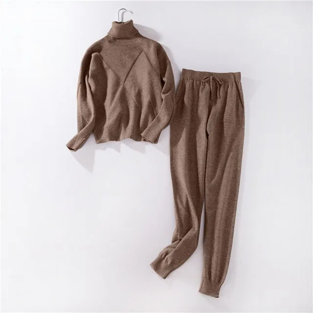 Autumn Winter Women Knitted Set 2019 Casual Knitted Tracksuit Turtleneck Sweater   Winter Pants Women Sweatshirts 2 Piece Suit