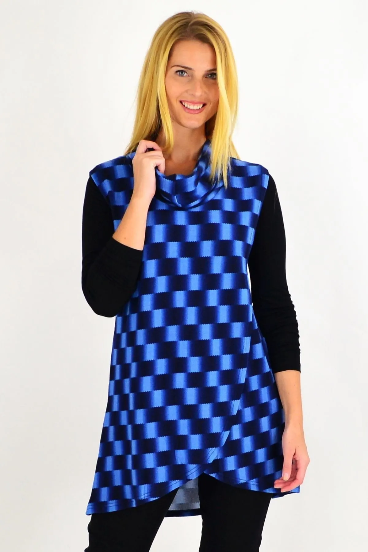 Blue Check Fold Over Front Tunic Top