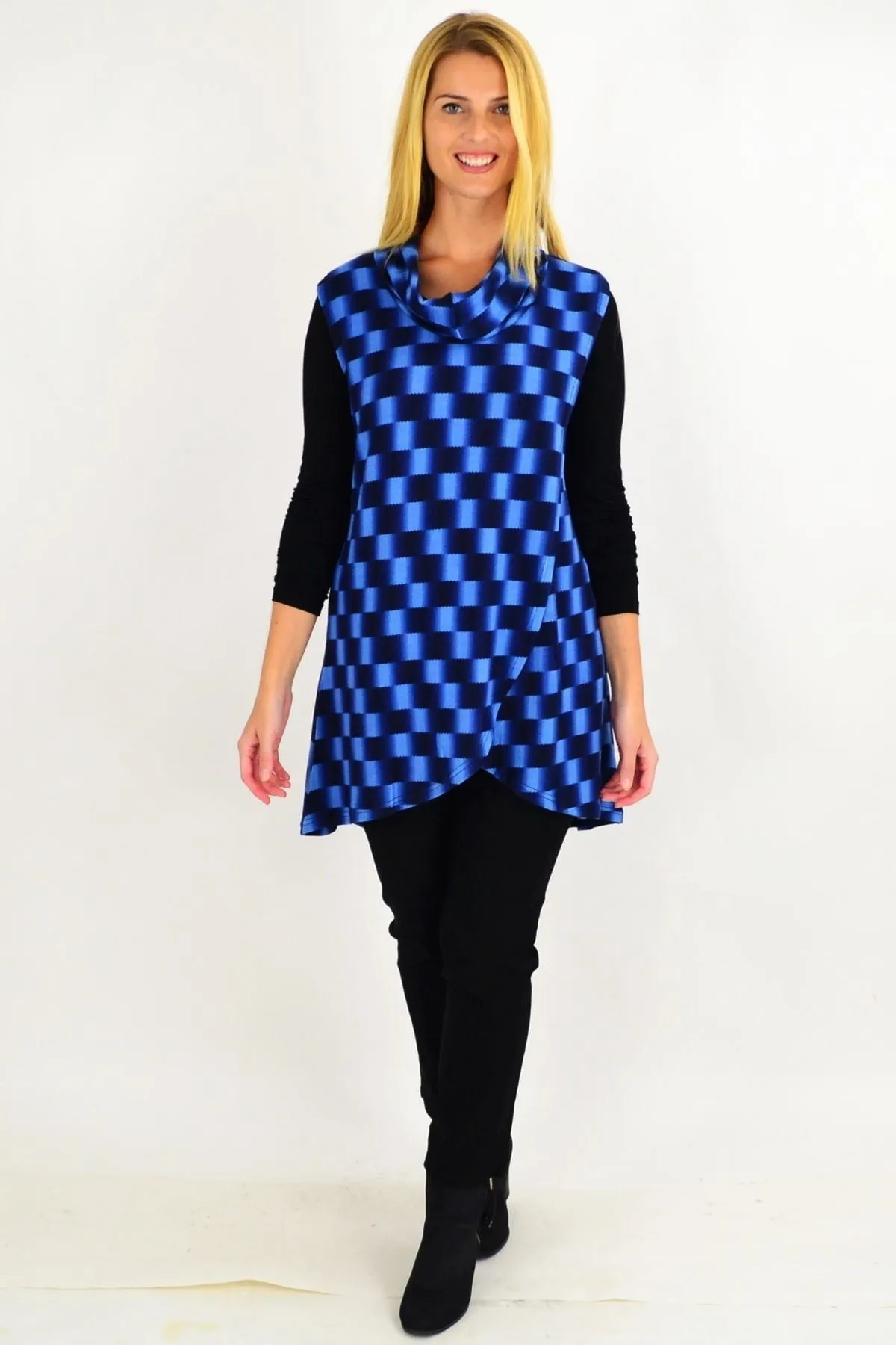 Blue Check Fold Over Front Tunic Top