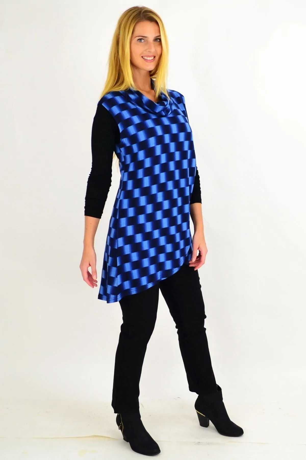 Blue Check Fold Over Front Tunic Top