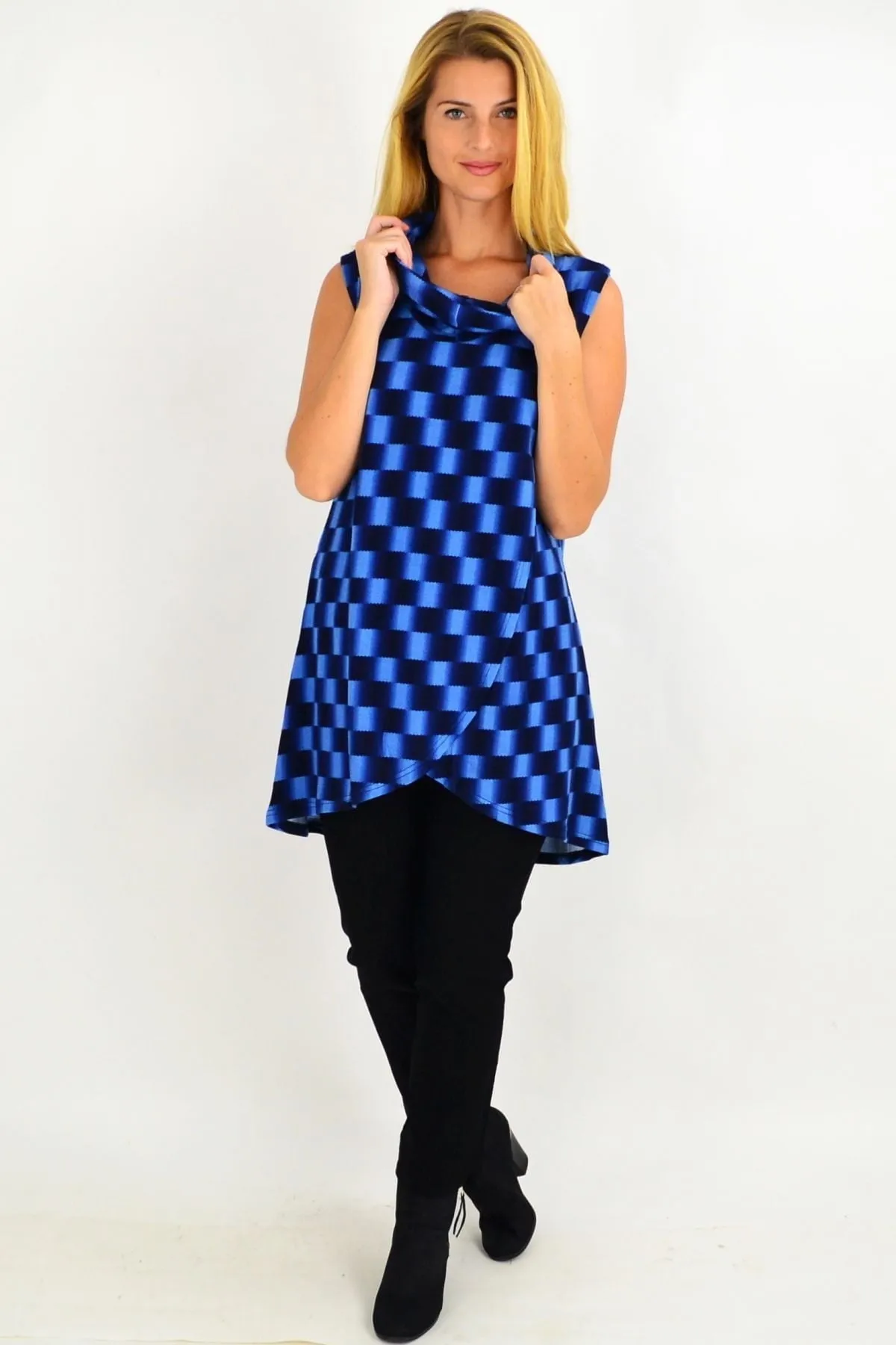 Blue Check Fold Over Front Tunic Top