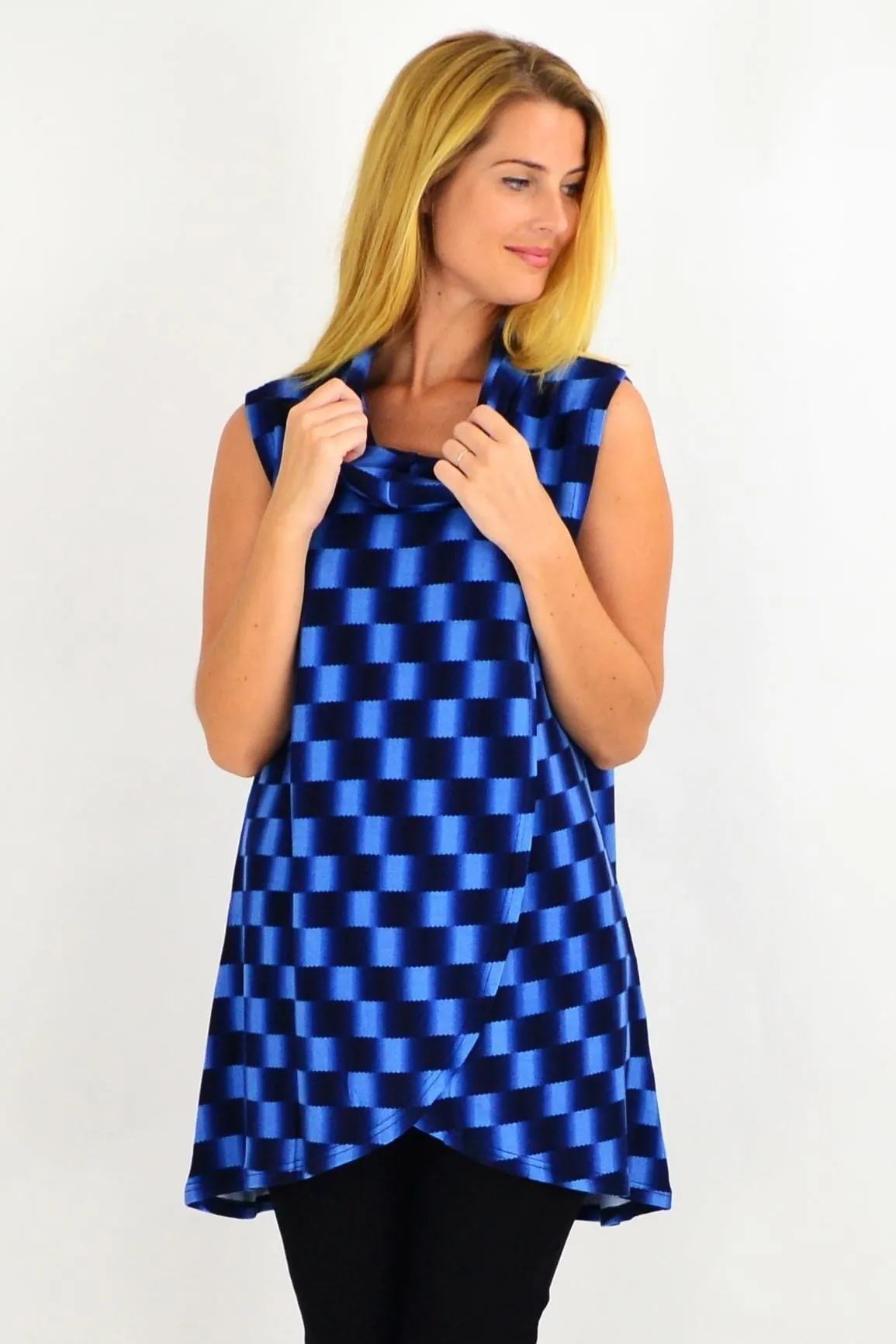 Blue Check Fold Over Front Tunic Top