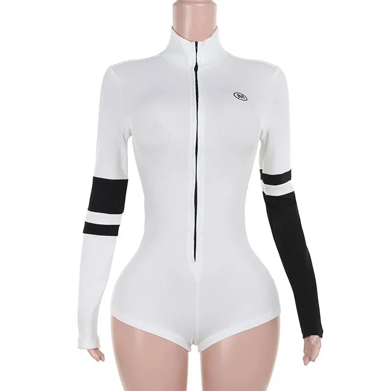 Bonnyshow Turtleneck Zipper Long Sleeve Playsuits Romper Ribbed Bodycon Jumpsuit Sexy Outfits Women 2024 Autumn Y2K Clothes