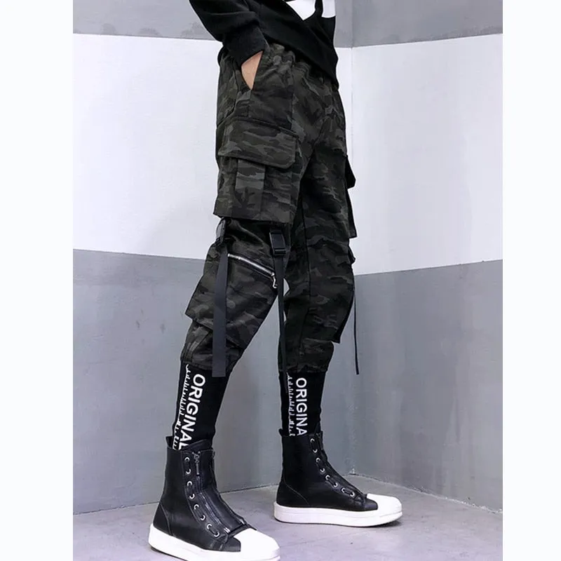Camouflage Tactical Functional Cargo Pants Joggers Men Ribbons Multi-pocket Trousers Hip Hop Streetwear Harem Pant Black WB236