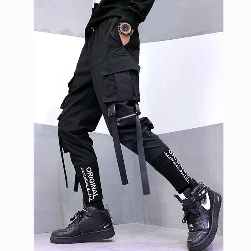 Camouflage Tactical Functional Cargo Pants Joggers Men Ribbons Multi-pocket Trousers Hip Hop Streetwear Harem Pant Black WB236