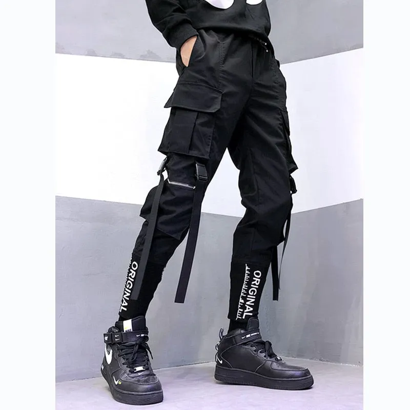 Camouflage Tactical Functional Cargo Pants Joggers Men Ribbons Multi-pocket Trousers Hip Hop Streetwear Harem Pant Black WB236
