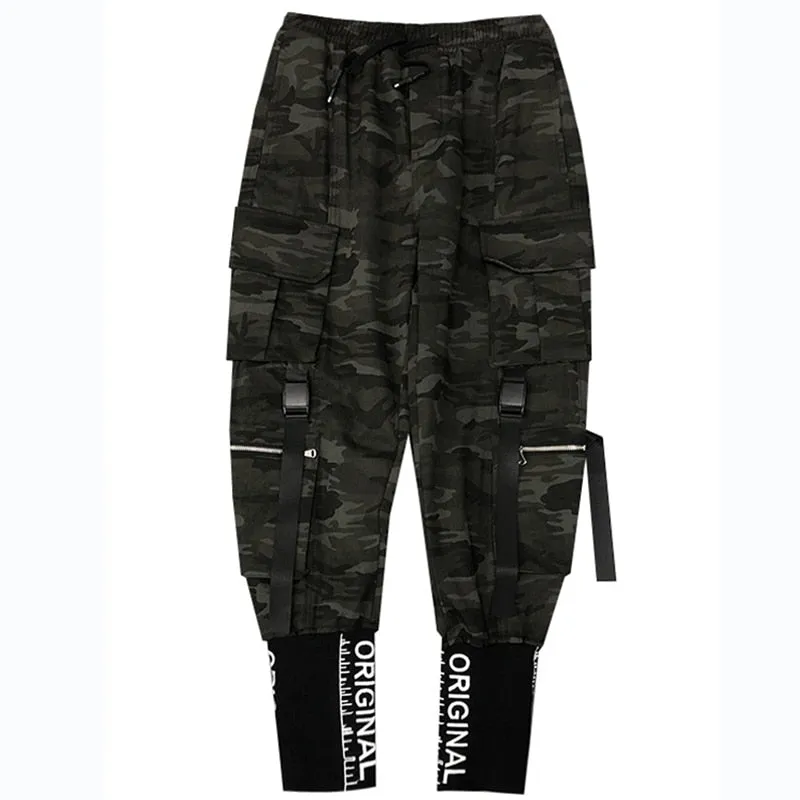 Camouflage Tactical Functional Cargo Pants Joggers Men Ribbons Multi-pocket Trousers Hip Hop Streetwear Harem Pant Black WB236