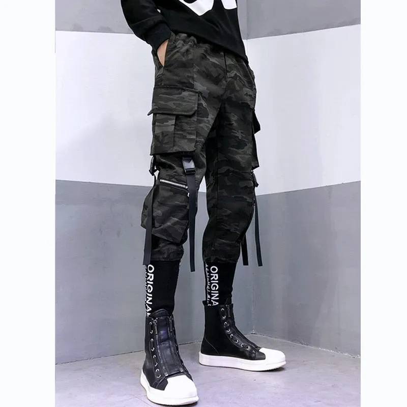 Camouflage Tactical Functional Cargo Pants Joggers Men Ribbons Multi-pocket Trousers Hip Hop Streetwear Harem Pant Black WB236