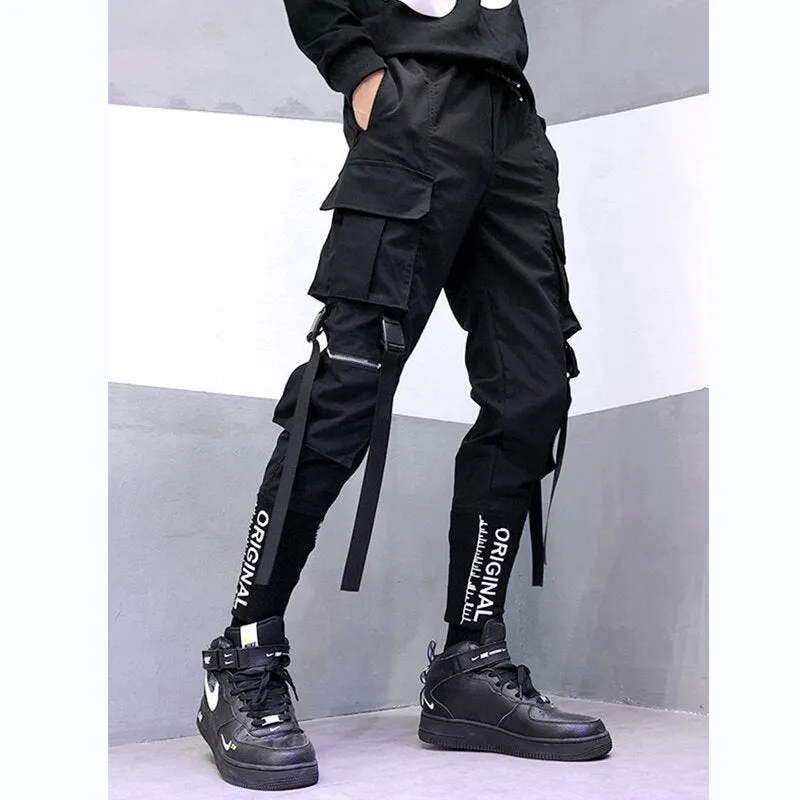 Camouflage Tactical Functional Cargo Pants Joggers Men Ribbons Multi-pocket Trousers Hip Hop Streetwear Harem Pant Black WB236