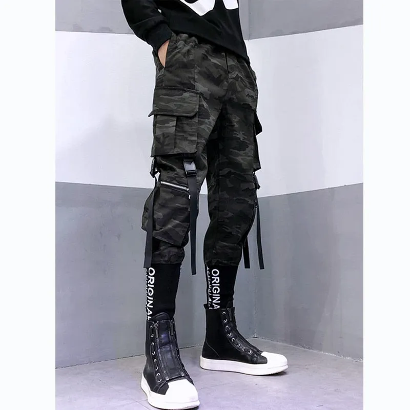 Camouflage Tactical Functional Cargo Pants Joggers Men Ribbons Multi-pocket Trousers Hip Hop Streetwear Harem Pant Black WB236