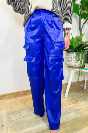Cassie Satin Cargo Pants - Royal Blue