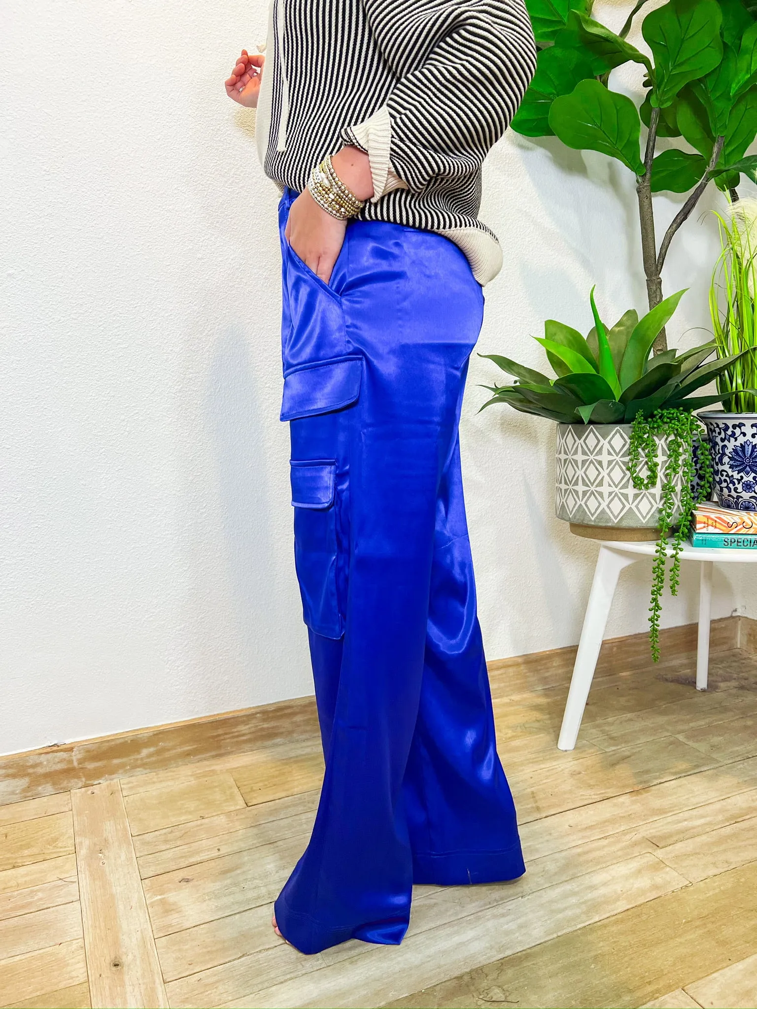 Cassie Satin Cargo Pants - Royal Blue