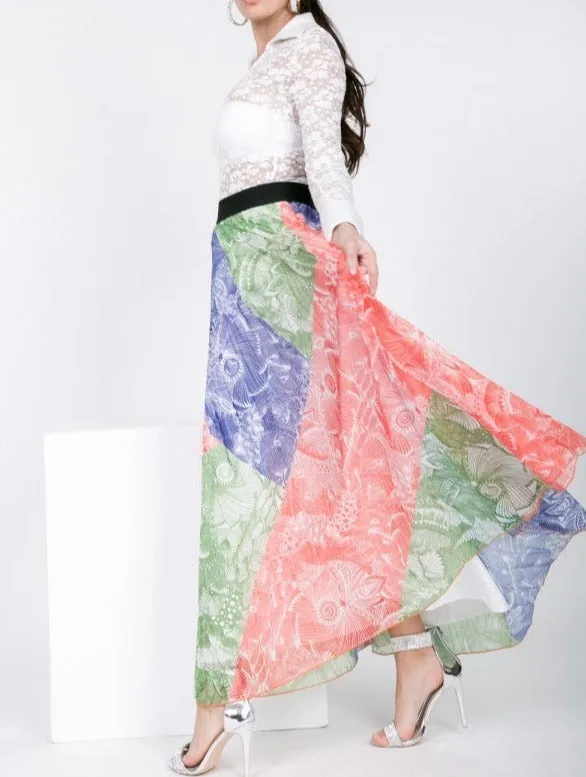 Color Block Pleated Maxi Skirt