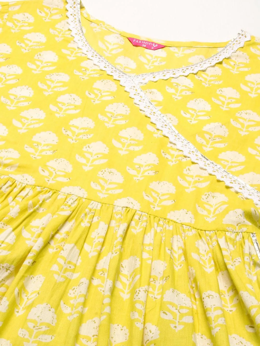 Floral Printed High Slit Kurta With Pants & Dupatta - Yellow