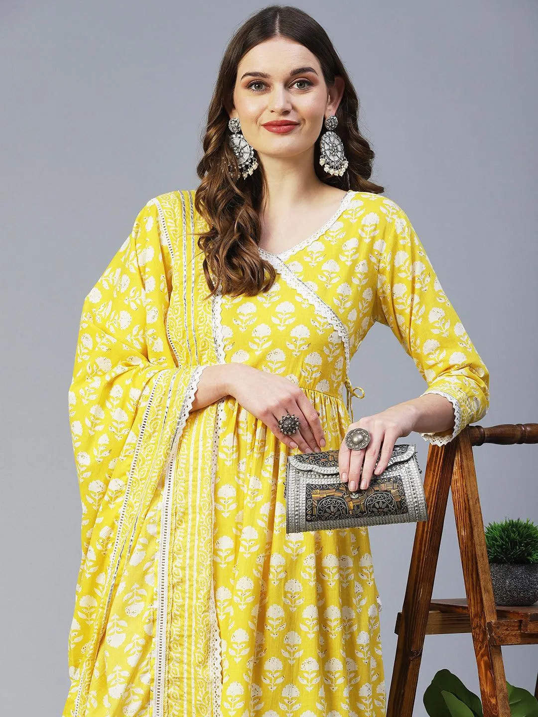 Floral Printed High Slit Kurta With Pants & Dupatta - Yellow
