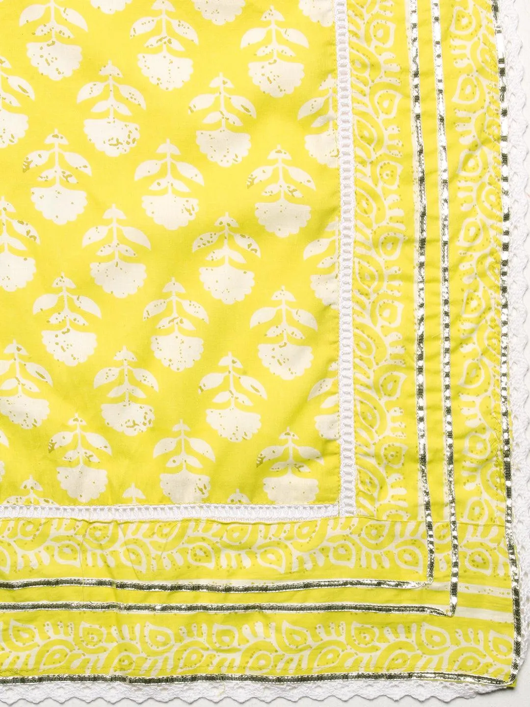 Floral Printed High Slit Kurta With Pants & Dupatta - Yellow
