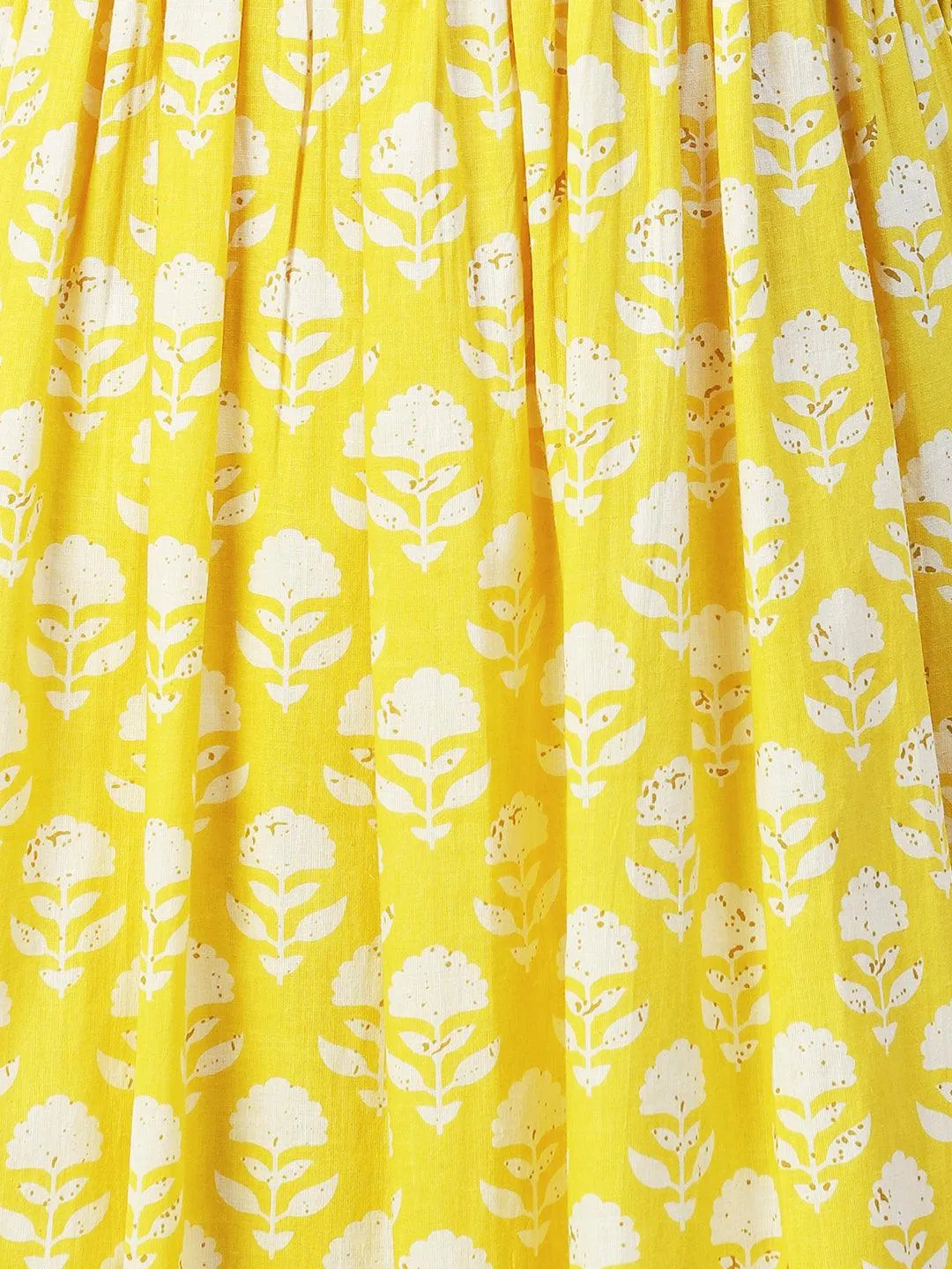 Floral Printed High Slit Kurta With Pants & Dupatta - Yellow