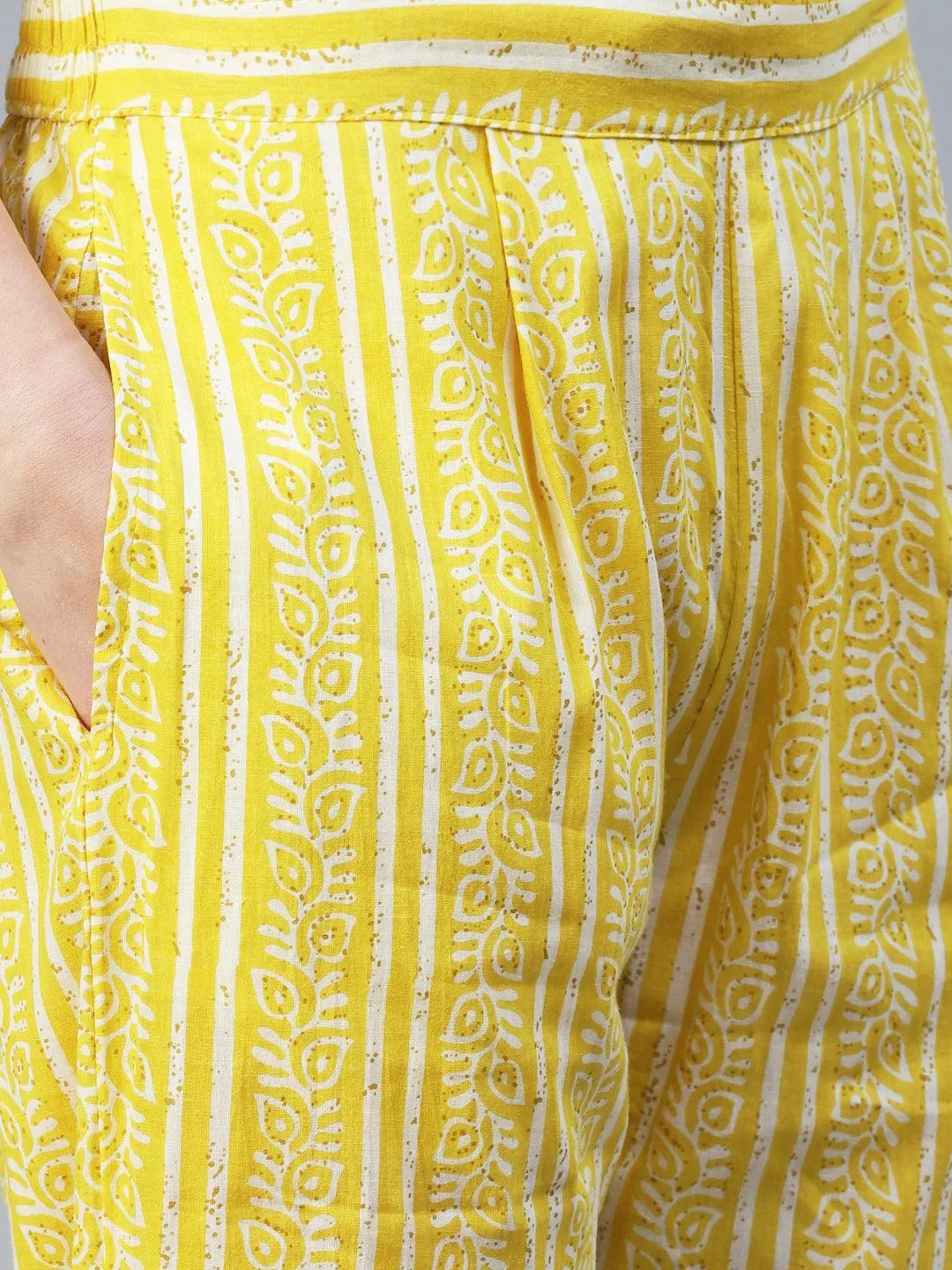 Floral Printed High Slit Kurta With Pants & Dupatta - Yellow