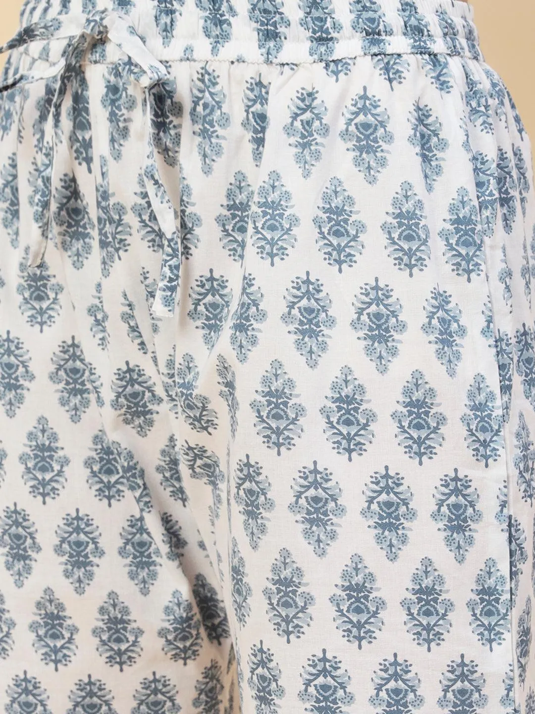 Floral Printed Wooden Buttoned High-low Hem Kurta With Block Printed Pants - White & Blue