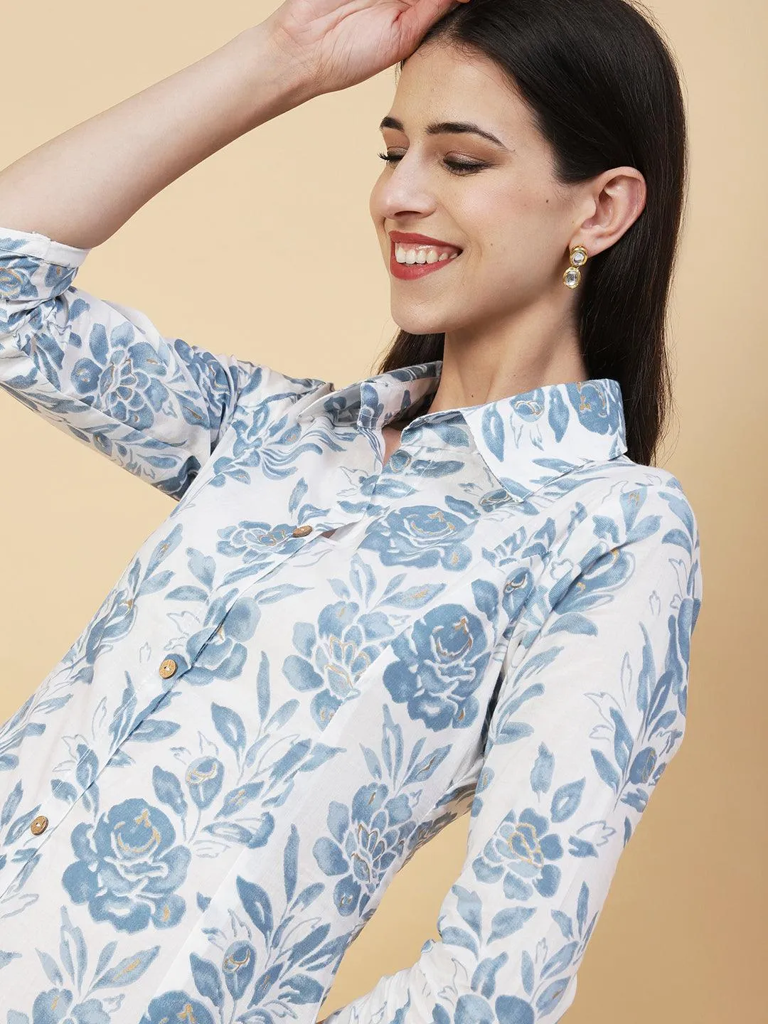 Floral Printed Wooden Buttoned High-low Hem Kurta With Block Printed Pants - White & Blue