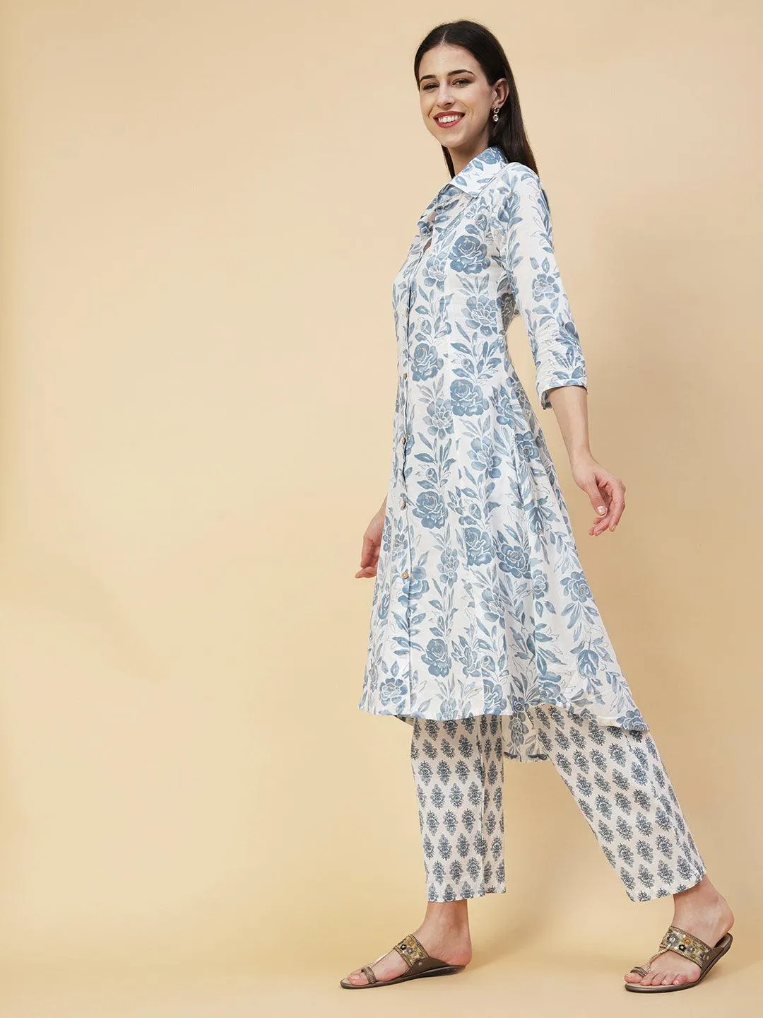 Floral Printed Wooden Buttoned High-low Hem Kurta With Block Printed Pants - White & Blue