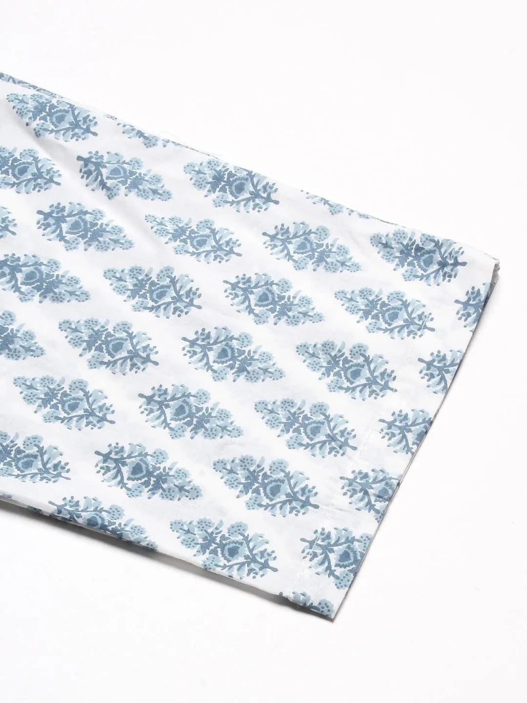 Floral Printed Wooden Buttoned High-low Hem Kurta With Block Printed Pants - White & Blue