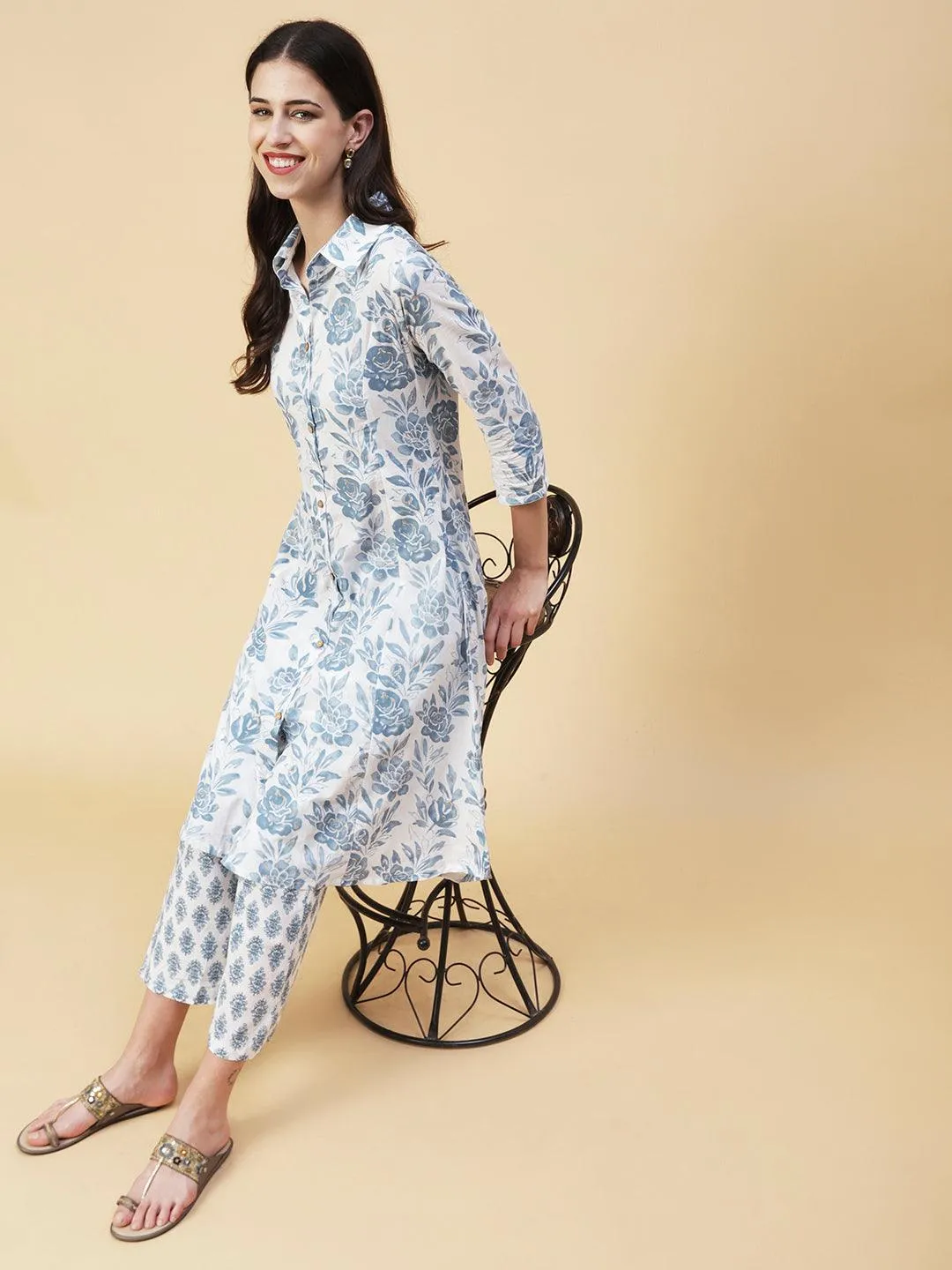 Floral Printed Wooden Buttoned High-low Hem Kurta With Block Printed Pants - White & Blue