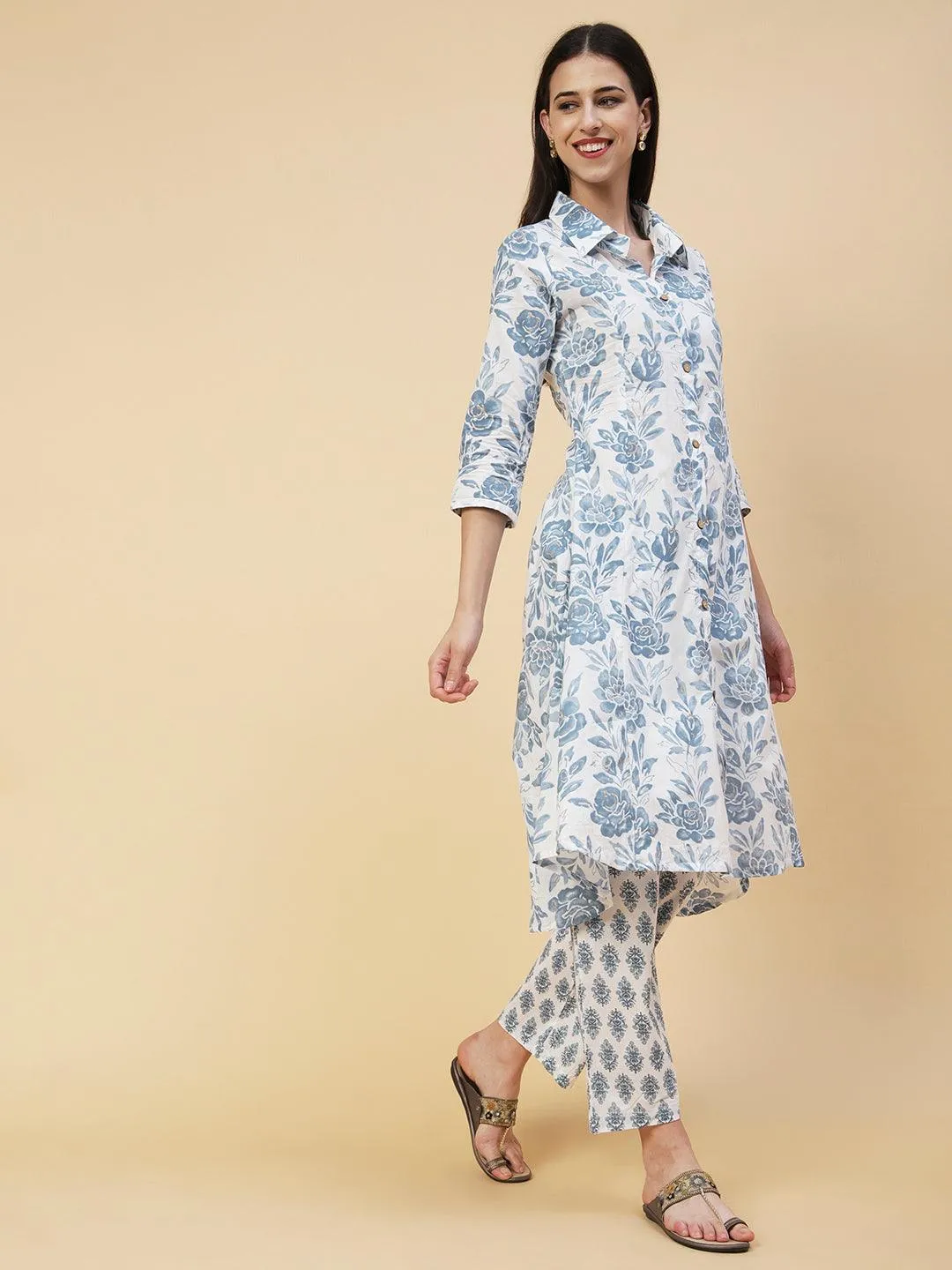 Floral Printed Wooden Buttoned High-low Hem Kurta With Block Printed Pants - White & Blue