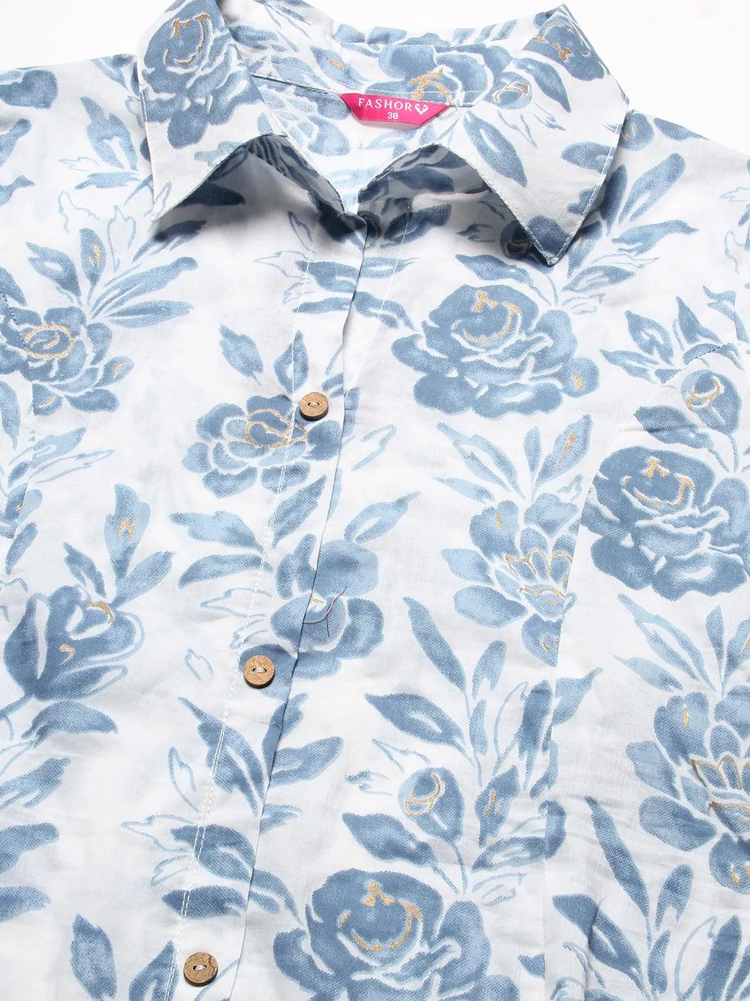Floral Printed Wooden Buttoned High-low Hem Kurta With Block Printed Pants - White & Blue