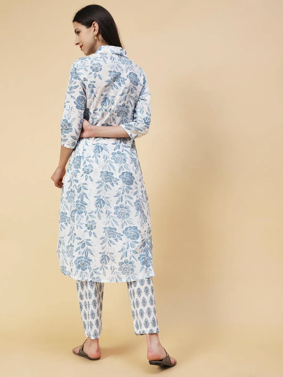 Floral Printed Wooden Buttoned High-low Hem Kurta With Block Printed Pants - White & Blue