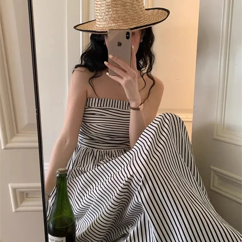 Girlary Striped Strapless Dress, Women'S Summer Pleated One Line Collar Design, Slim Fit High Waisted A-Line Skirt