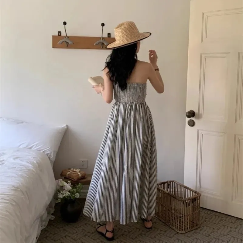 Girlary Striped Strapless Dress, Women'S Summer Pleated One Line Collar Design, Slim Fit High Waisted A-Line Skirt
