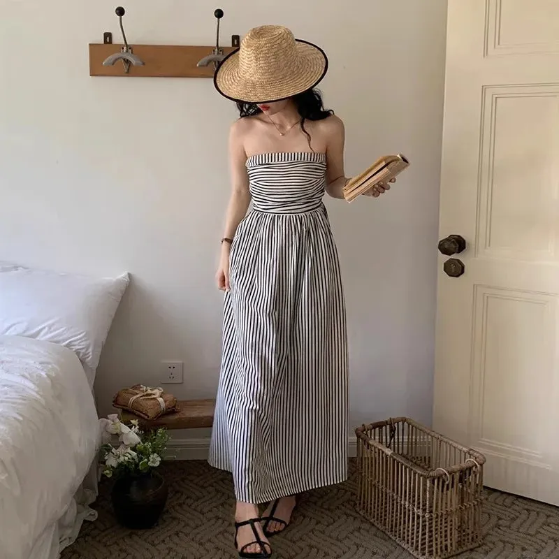 Girlary Striped Strapless Dress, Women'S Summer Pleated One Line Collar Design, Slim Fit High Waisted A-Line Skirt