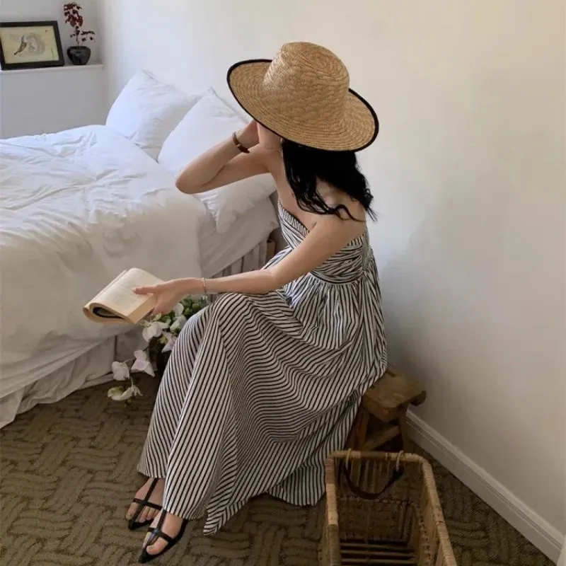 Girlary Striped Strapless Dress, Women'S Summer Pleated One Line Collar Design, Slim Fit High Waisted A-Line Skirt