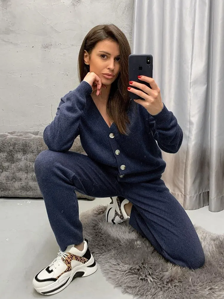 HLBCBG Women Knitted Tracksuit  - Turtleneck Sweater Casual Suit -  2 Piece Set