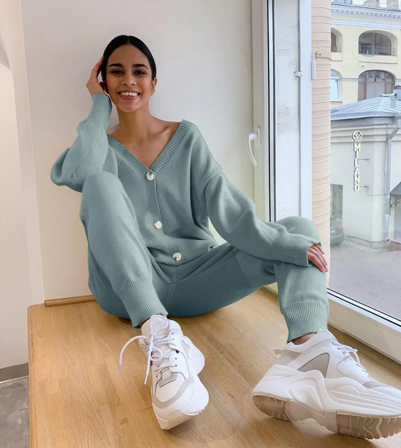 HLBCBG Women Knitted Tracksuit  - Turtleneck Sweater Casual Suit -  2 Piece Set