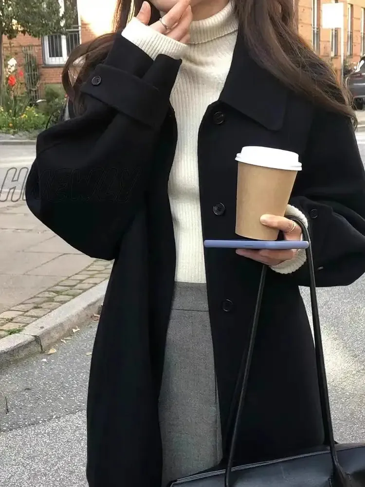 Hnewly Black Short Korean Woollen Jacket Women Autumn Button Loose Casual High Street Coat Female Fashion Korean Trench Jacket Y2k