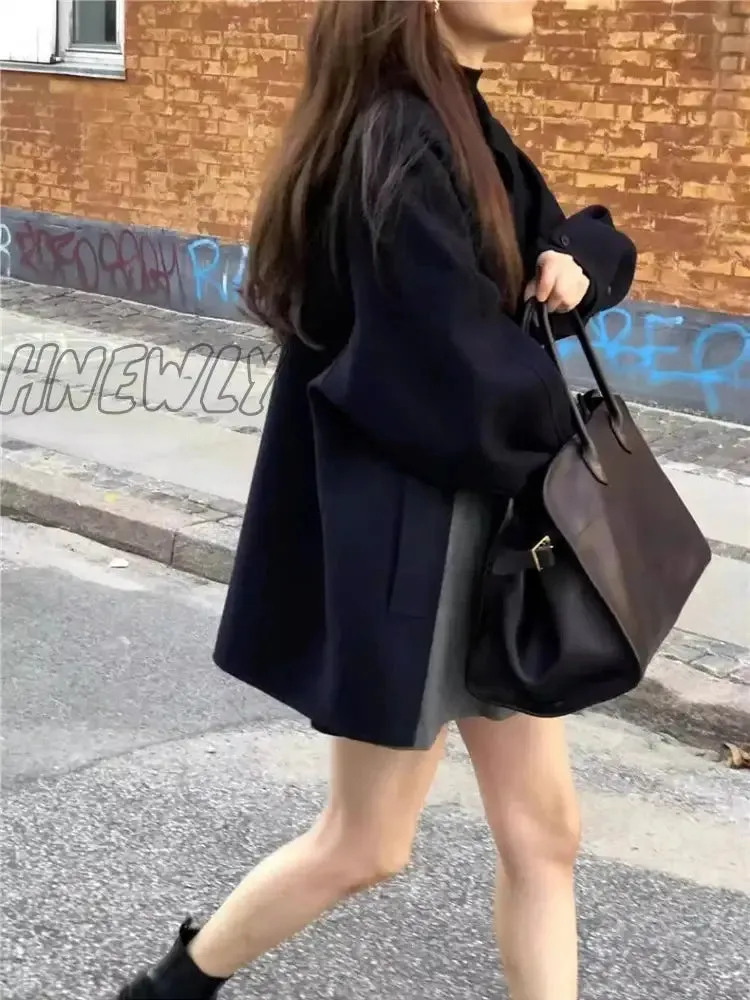 Hnewly Black Short Korean Woollen Jacket Women Autumn Button Loose Casual High Street Coat Female Fashion Korean Trench Jacket Y2k